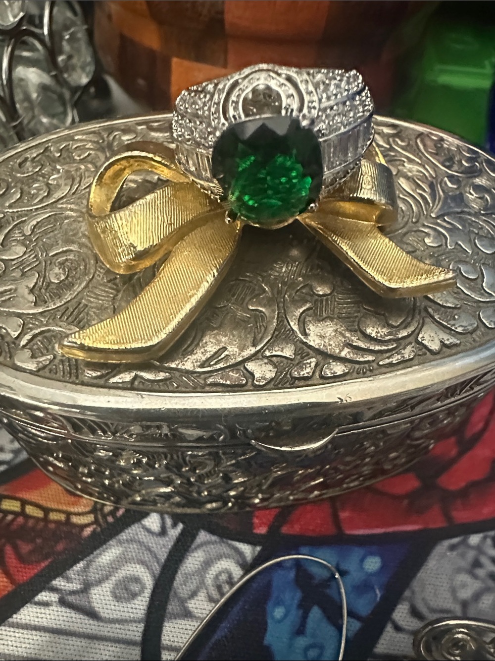 Silver Cocktail Ring with Emerald Green Stone